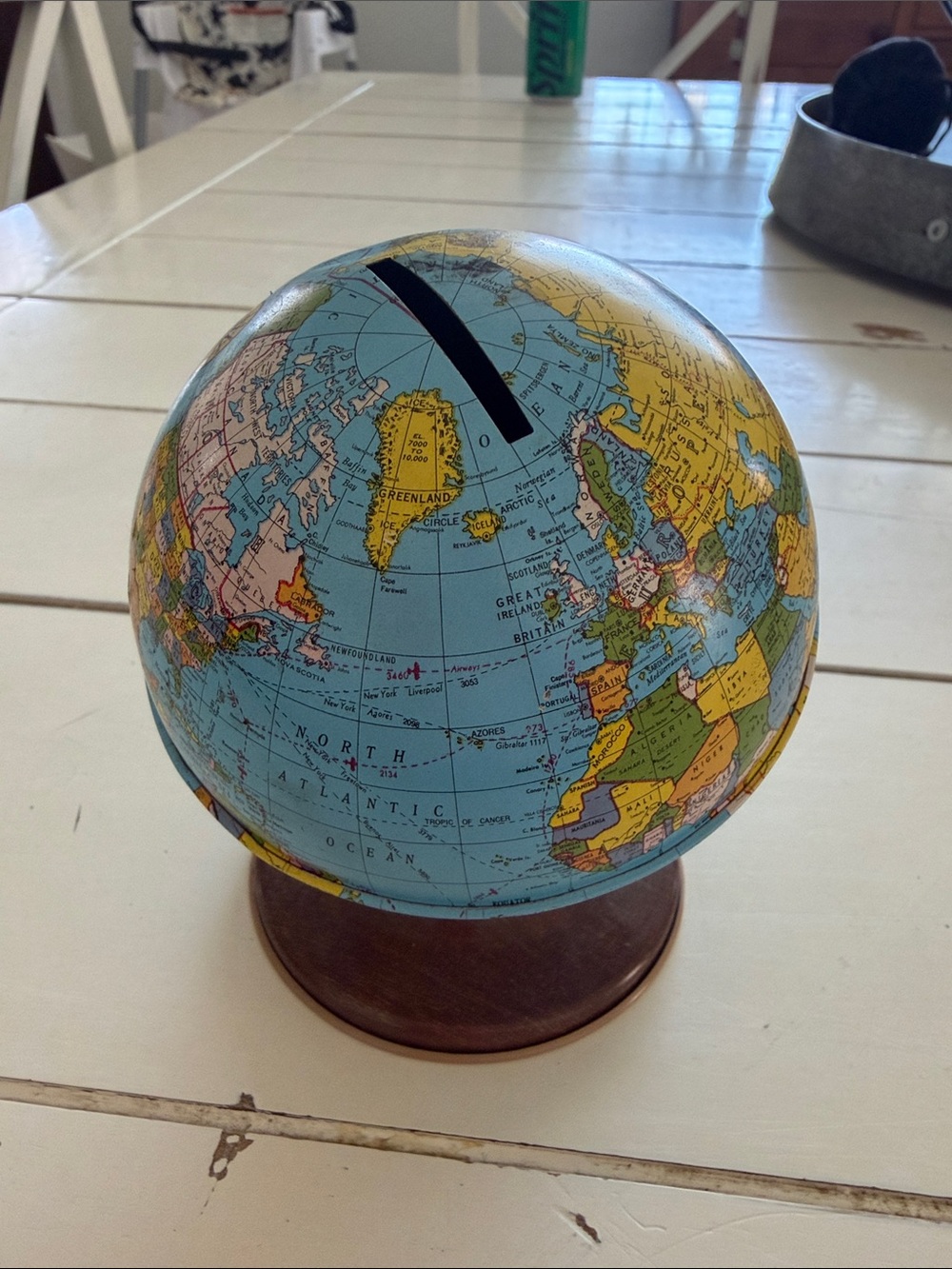 Blue Vintage Globe Coin Bank - Home Accents. Ohio Tin Co